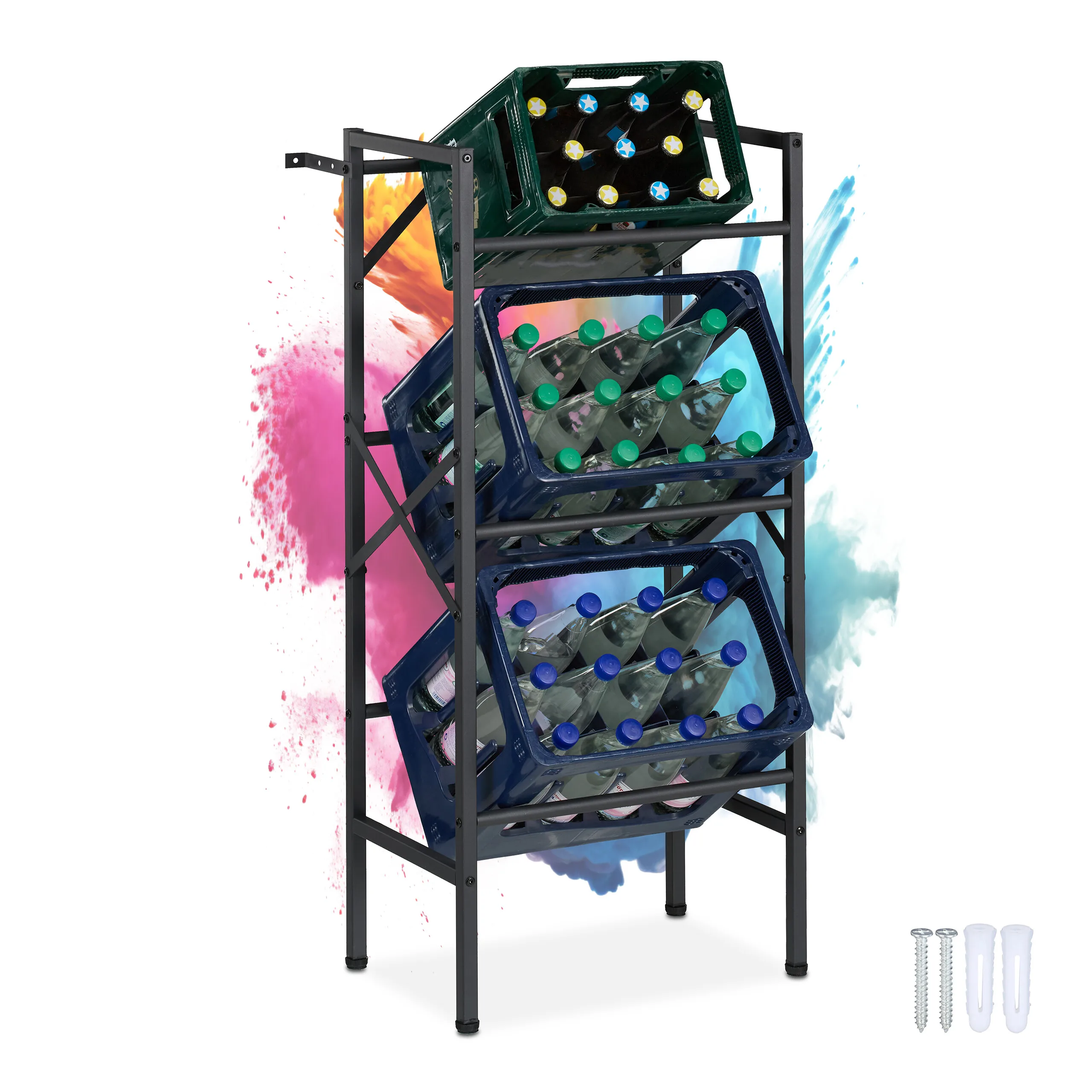 Scaffale per casse di bevande, 3 casse, ripiani inclinati, per cucina, dispensa e cantina, acciaio nero, piedini regolabili, porta casse, Relaxdays