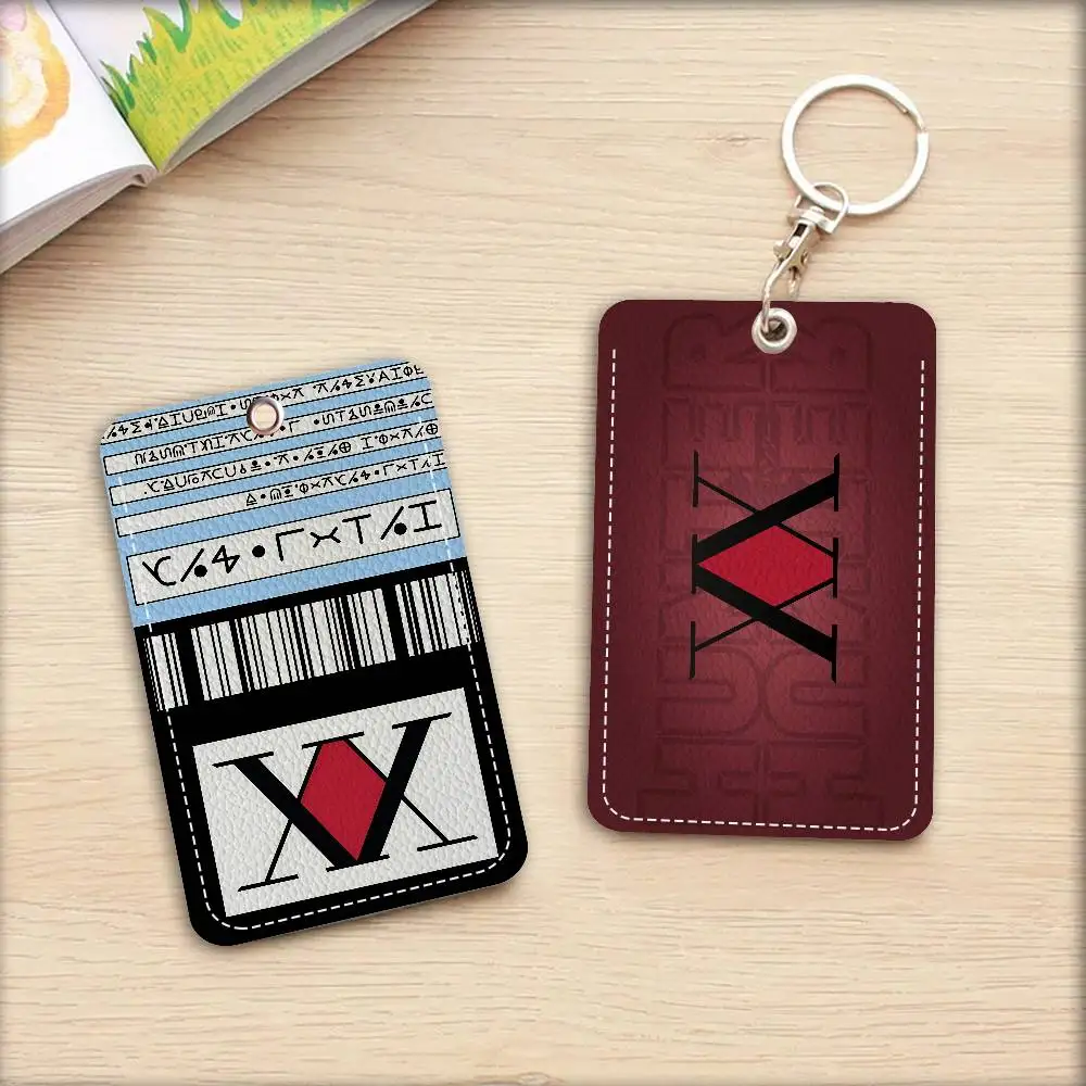 Anime Hunter X Hunter Rectangle ID Card Case Keychain Access Card Bag Key Tag Ring Leather Card Holder Key Ring Access