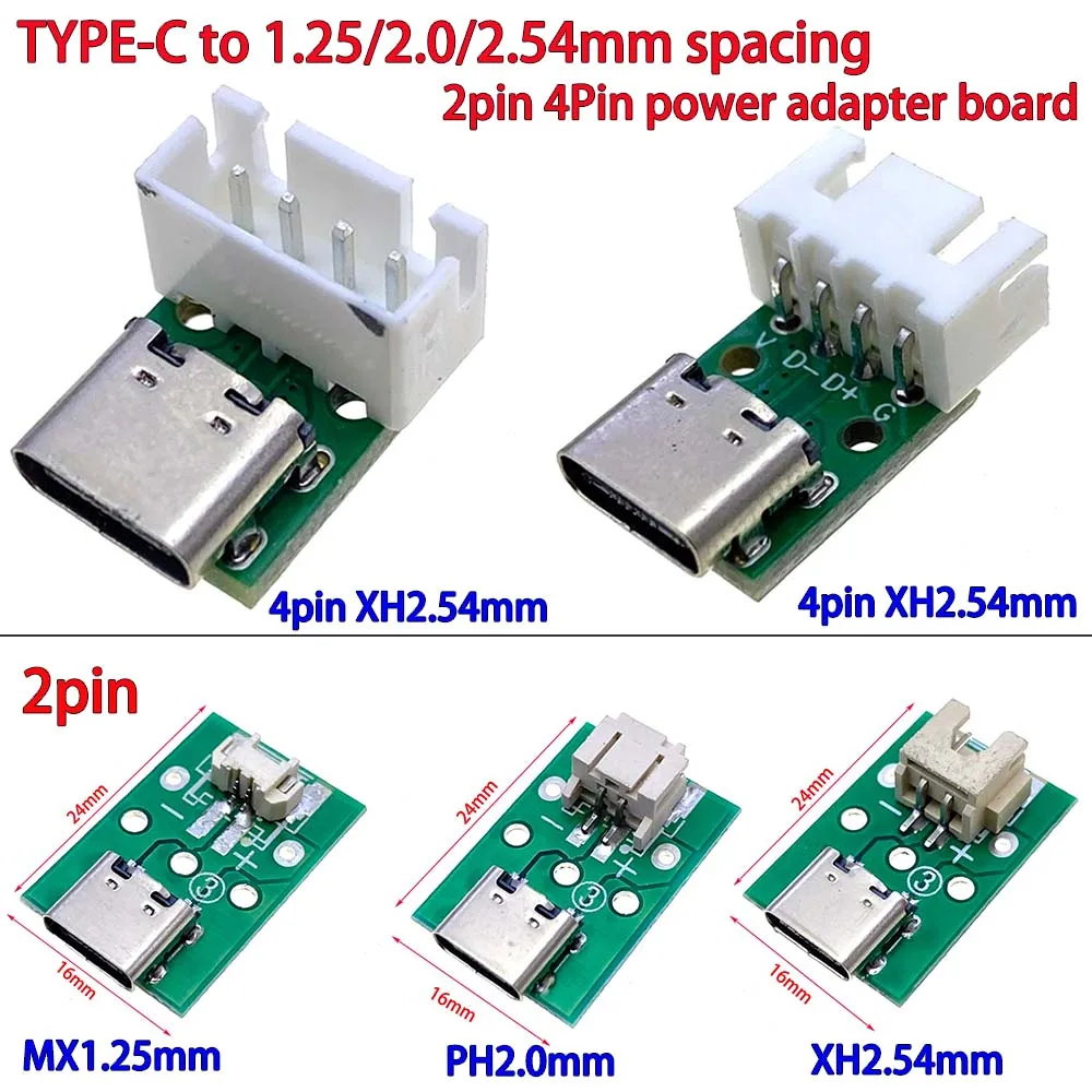 

2pin 4pin power adapter board TYPE-C to MX1.25mm/PH2.0mm/XH2.54MM spacing data cable test board straight/curved needles
