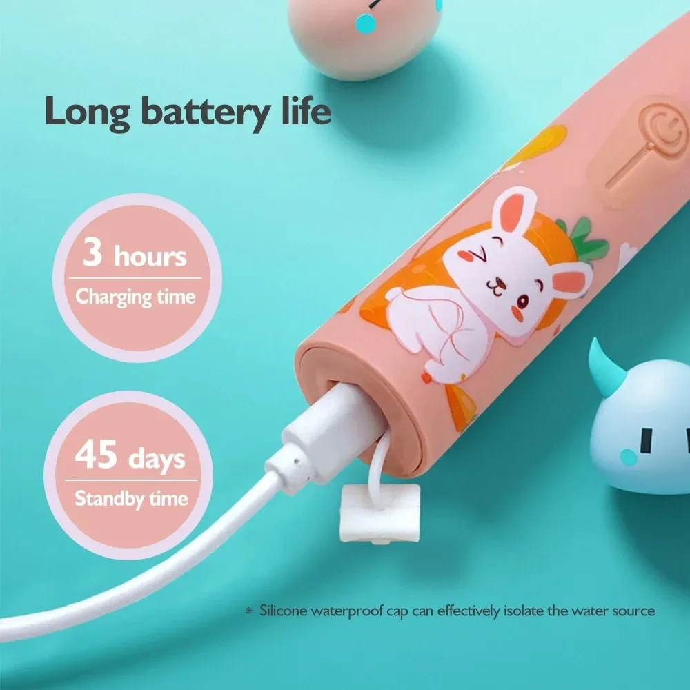 Cartoon Kids Electric Toothbrush Ultrasonic IPX7 Waterproof Rechargeable Sonic with Replacement Head for Children's Oral Care