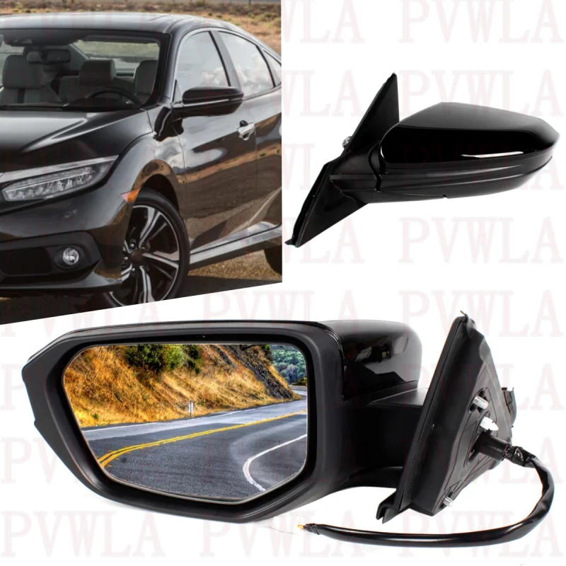 Left Side 3 Pins Black Painted Heated Reversing Mirror For Honda Civic 2016 2017 2018 2019 2020 2021