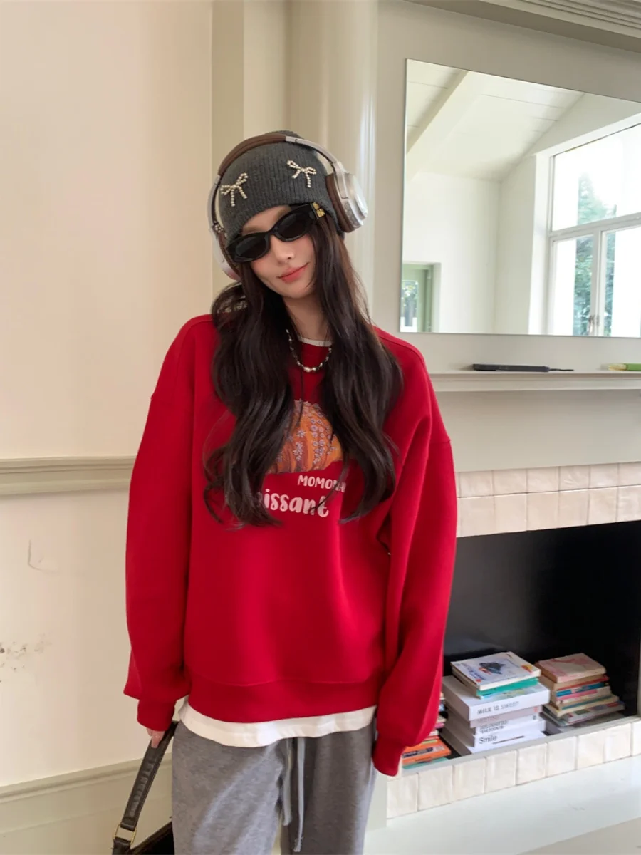 

LinYun MNANA Autumn Winter Red Fce Lined Bread Sweatirt ey Dstring Loose Pants Women's Faion Set