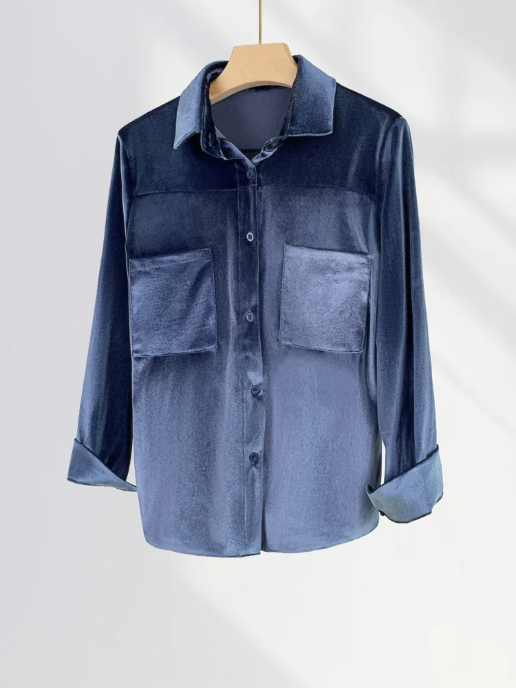 Korean style Solid Color Polo-Neck Button Blouse Spring Autumn All-match Pockets Spliced Golden Velvet Chic Shirt Women