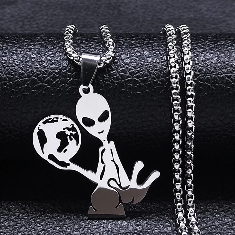 Y2K Alien Earth Pendant Necklace for Women/Men Stainless Steel Humanoid Chain Necklaces Fashion Jewelry collares para mujer