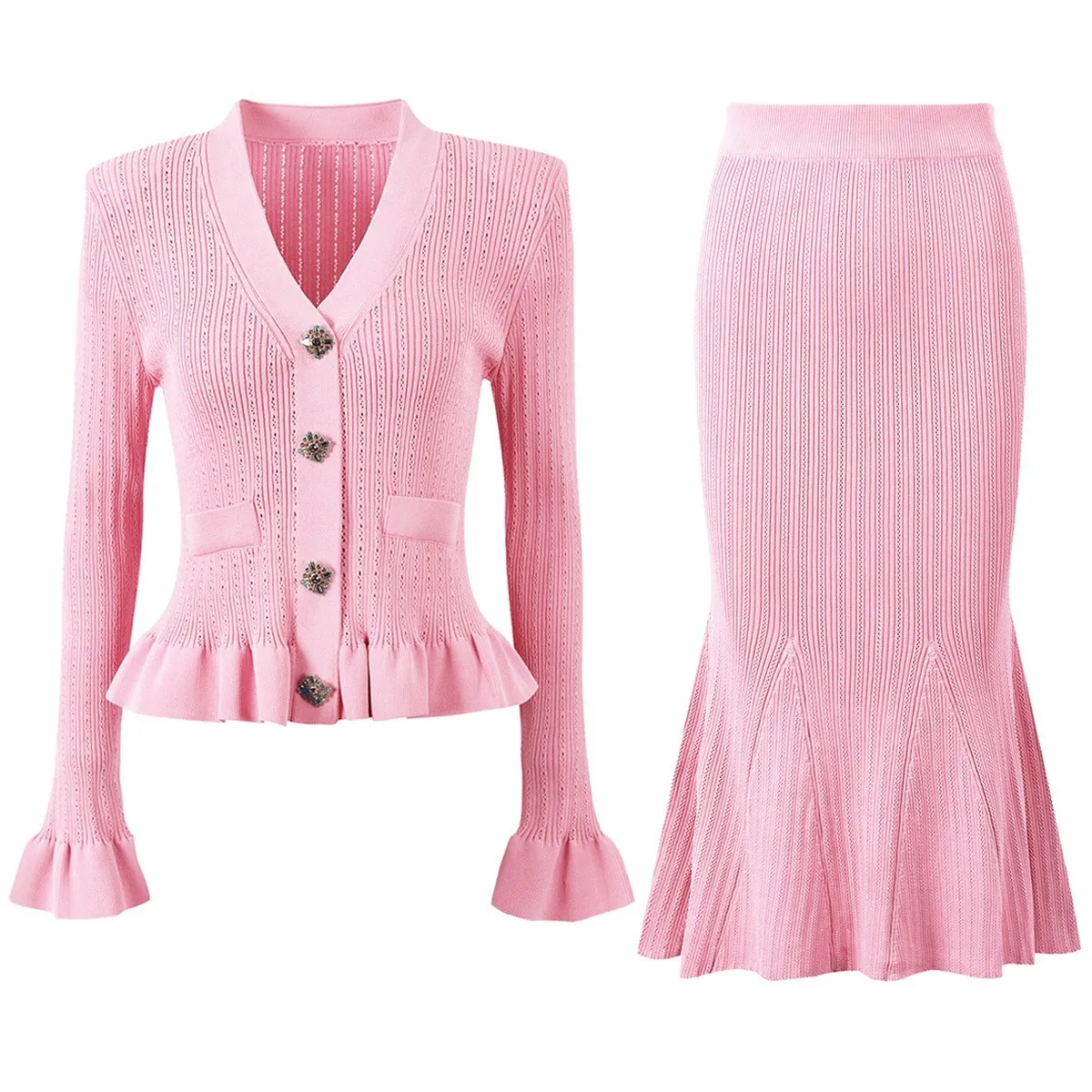 2026 autumn new French celebrity slim-fitting and thin knitted top + hip-wrapped fishtail skirt set dress