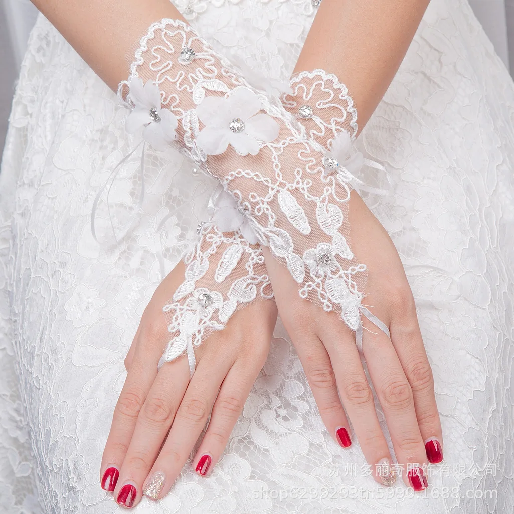 Bridal Wedding Gloves Lace Open Hand Back Hook Finger Flower Diamond Wedding Gloves