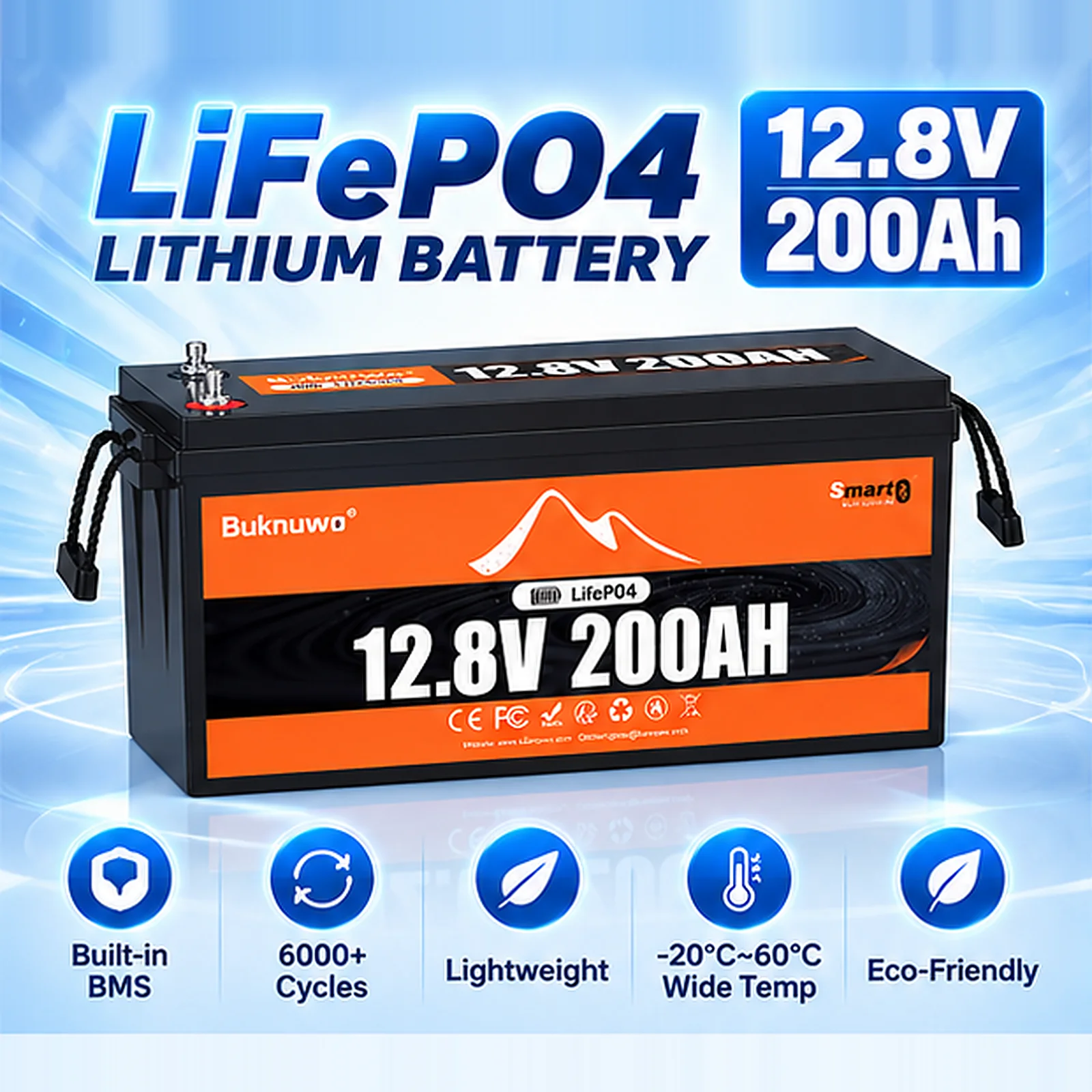 BUKNUWO 12V 200Ah Marine Lithium Battery 2560Wh Heavy Duty LiFePO4 Pack with 200A BMS for Trolling Motor Bass Fishing Boat Yacht Kayak Solar System