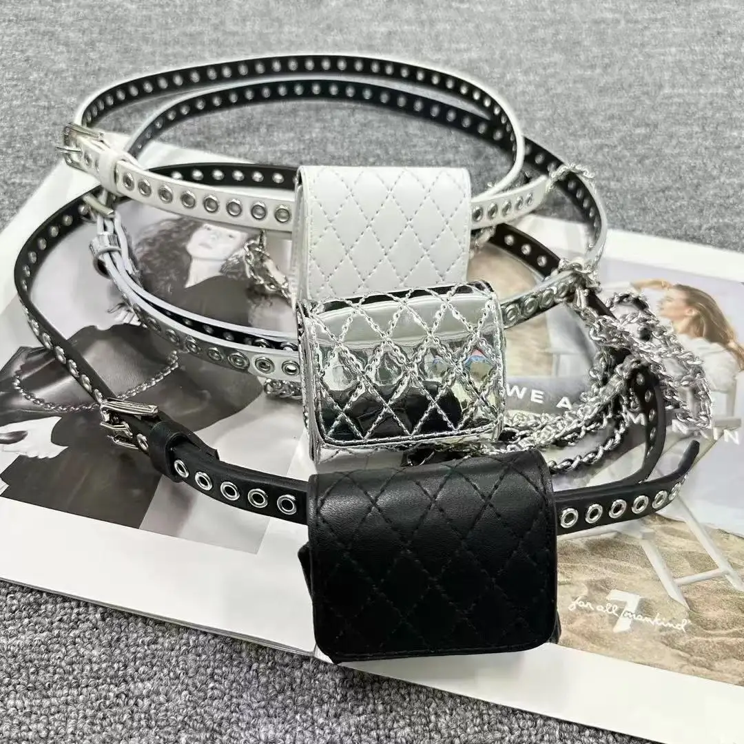 Fashion Quilted Mini Waist Belt Bag, Eyelet Rivet PU Leather Waistband Small Decor Fanny Pack For Women Street Daily Matching