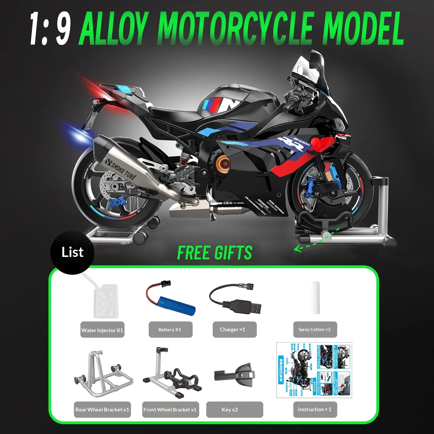 1:9 Scale Alloy Motorcycle Model with Simulated Engine Sound & Exhaust Spray Effect, Dynamic Display Piece for Collectors & Gift