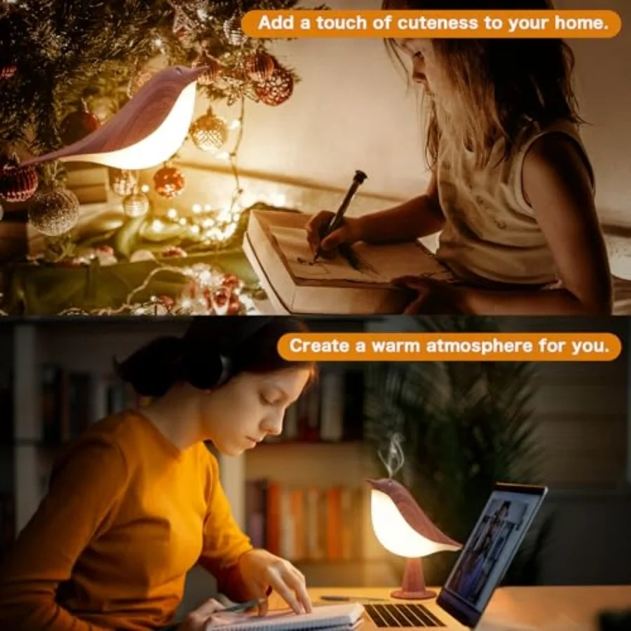 2 in 1 Small Desk Lamp, Bird Cordless Table Lamp with 3 Color Temperature Dimmer and Touch Sensor - Rechargeable Battery Night view 5