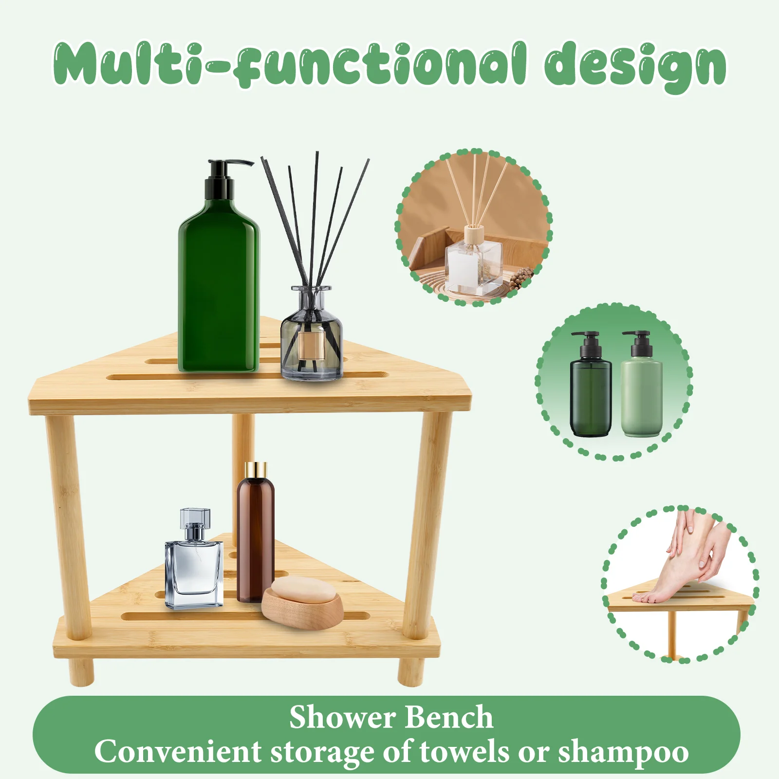 Bamboo Corner Shower Stool 2 Tier Easy Assembly Shower Shaving Foot Rest Waterproof Leg Shaving Bench with Storage Shelf
