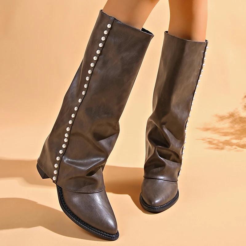 Pearl Decor Brown  Knee High Boots Women 2026 Autumn Pleated Pu Leather High Heel Long Boots Woman Pointed Toe Slouchy Booties