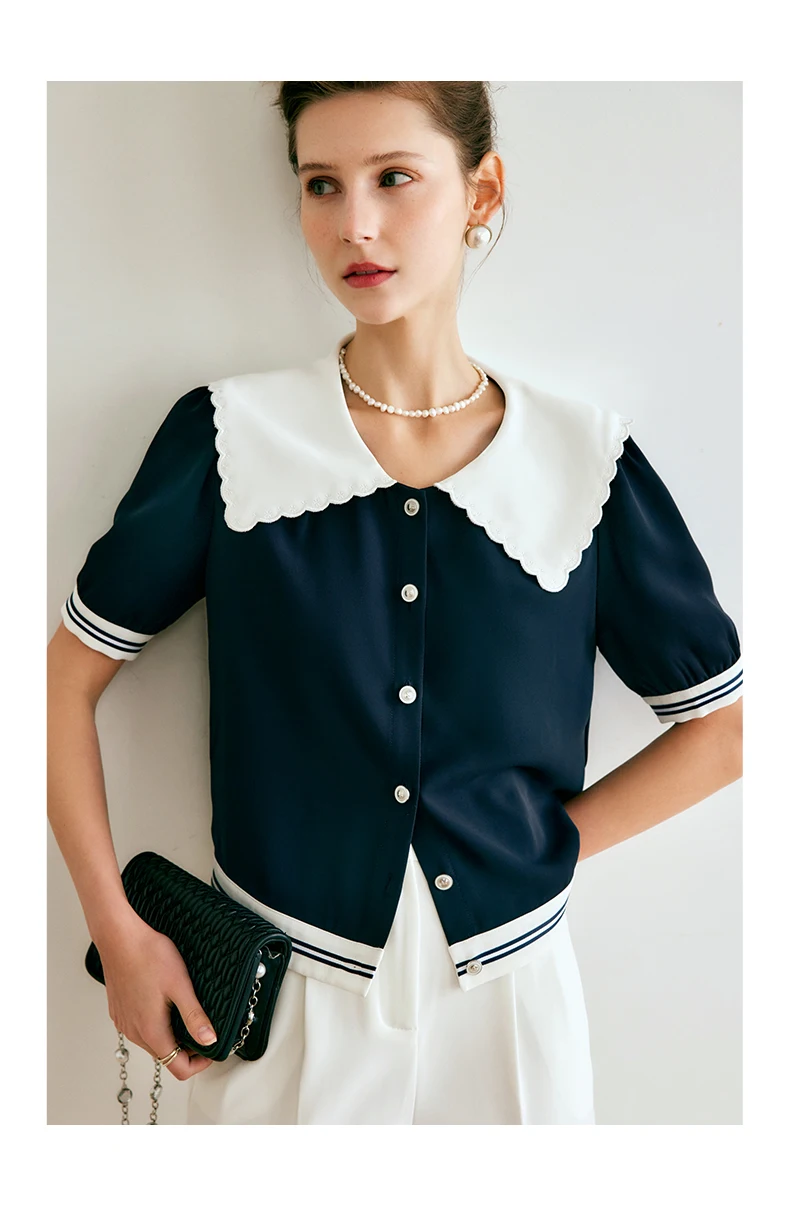 

OLrain Sailor Collar Shirt Women Polyester 2025 Fashion New Spliced Loose Embroidered Single Breasted Casual Blouses O22XC01198