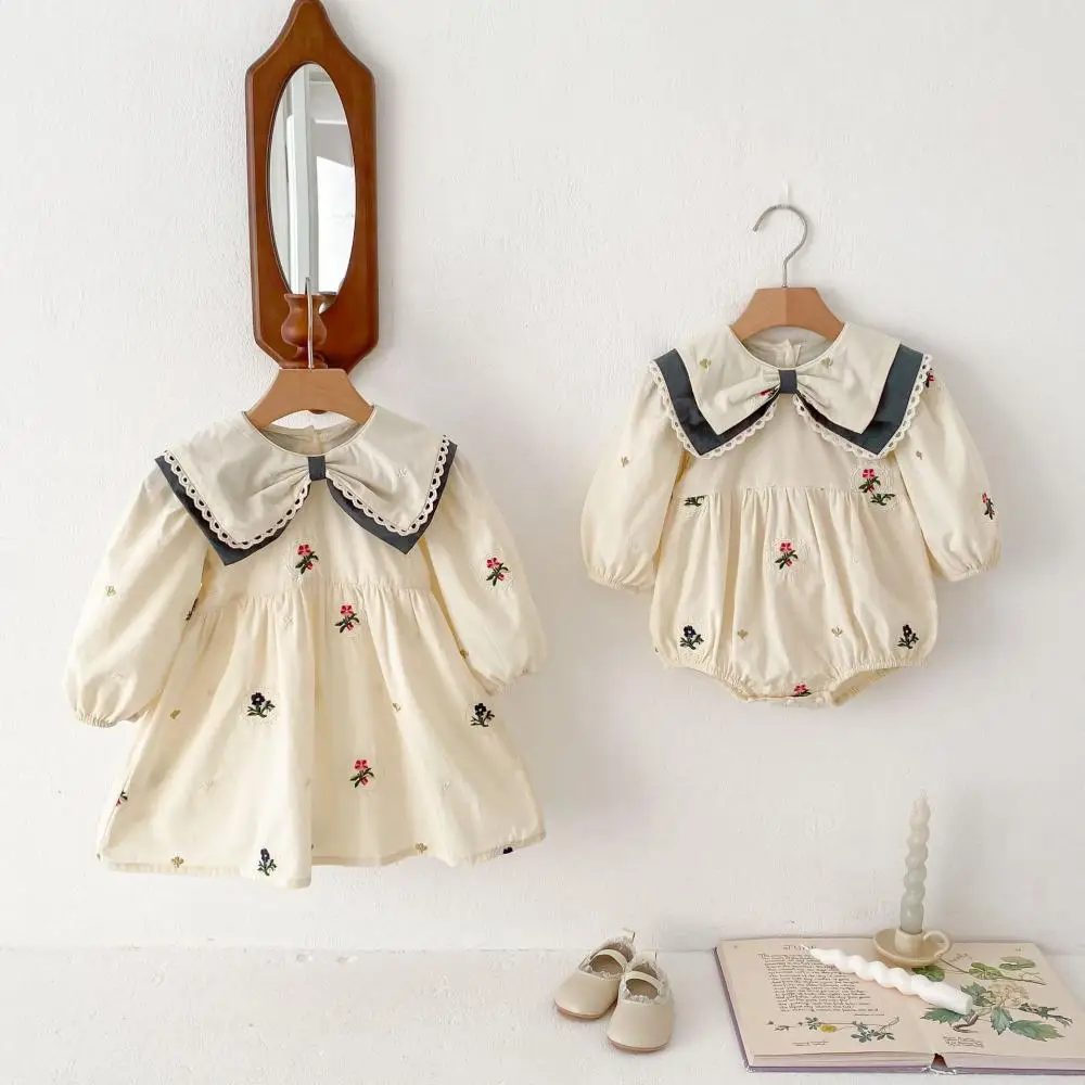 2024 Ancobear Spring Cotton Toddler Girls Dress Baby Contrast Lapel Embroidered Long Sleeve Sisters Look Outfits Korean Dresses