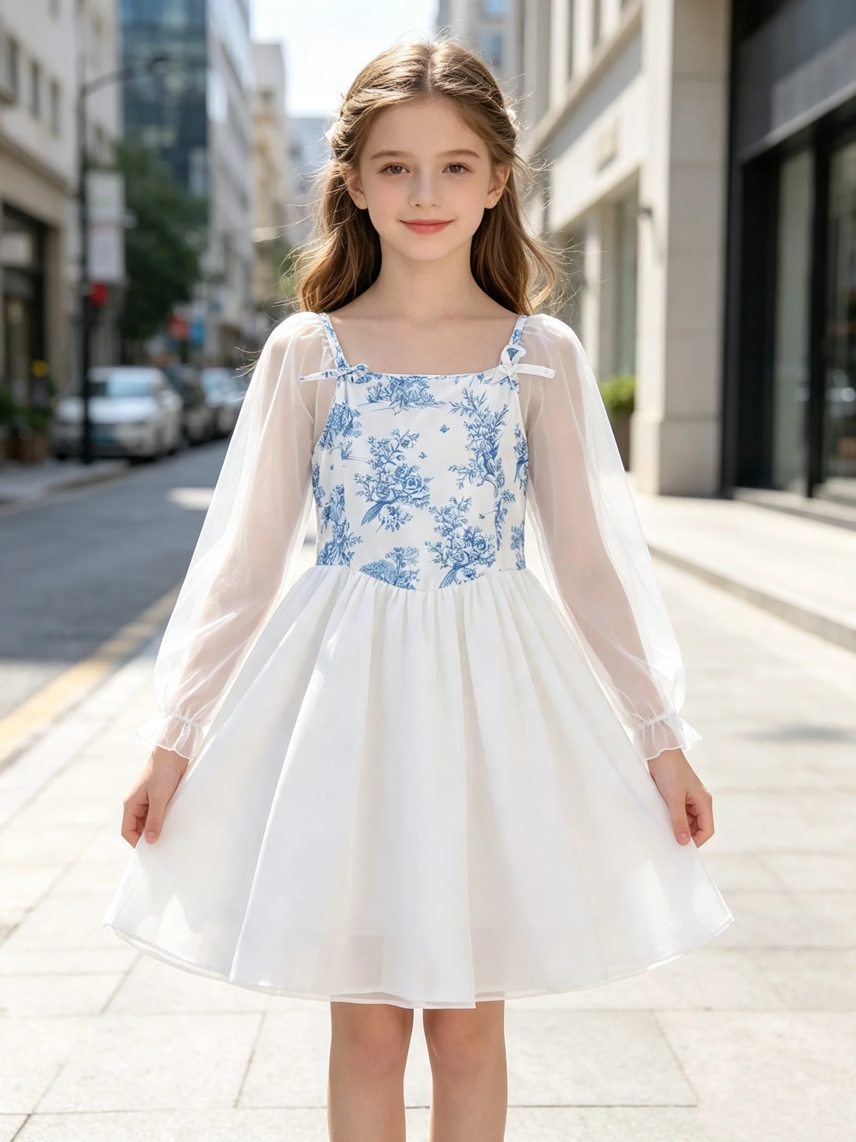 Girl's Square Neck Dress With Blue, White, Blue And White Porcelain Printed Mesh Sleeves And Waist Cinching Fairy Princess Skirt
