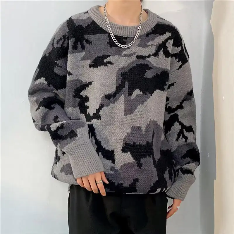 Vintage Camouflage Loose Pullovers Knitted Autumn Winter Casual Spliced Men's Clothing Young Style Basic Long Sleeve Sweaters