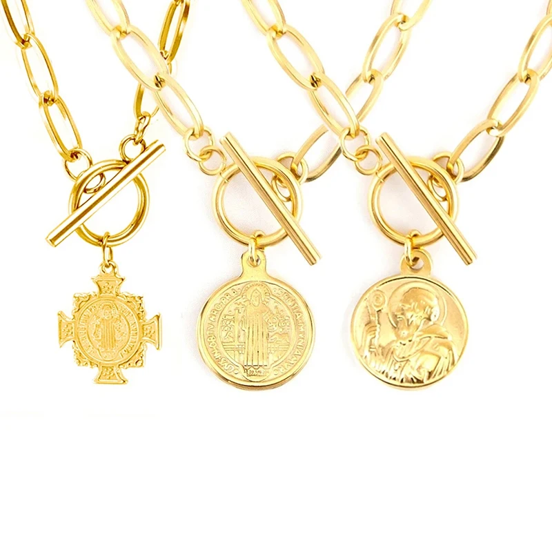 Ожерелье San Benito из нержавеющей стали для женщин, металлическая медаль Святого Бенедикта, колье с застежкой, колье Femme