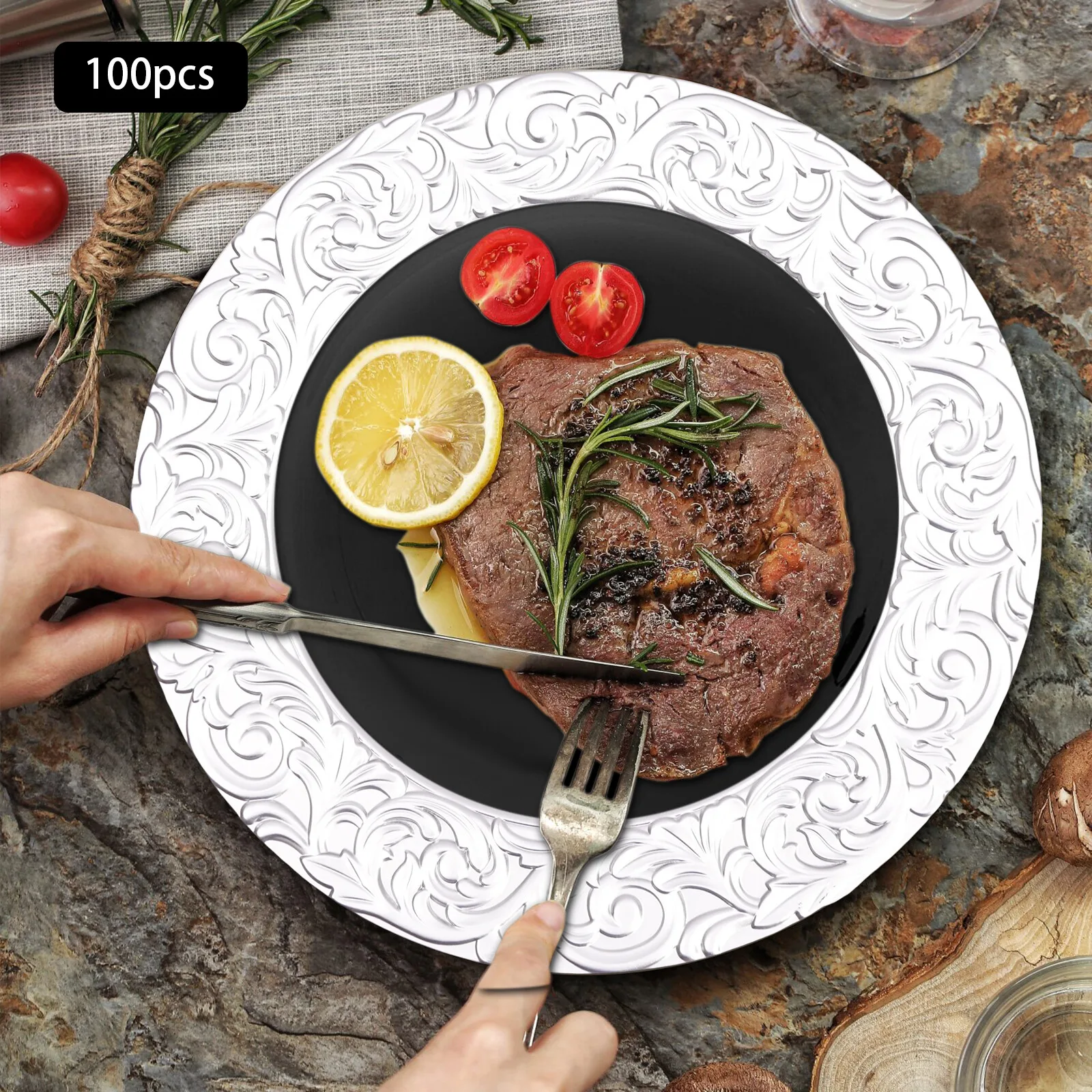 

100 Silver 13" Charger Plates for Wedding - Round Embossed Rim Dinner Plates, Decorative Place Settings