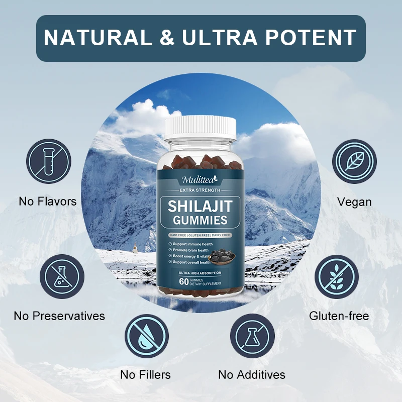 Mulittea Pure Organic 100% Shilajit Gummies avec 85 + Trace nap& Fulvic Acid Support Energy and Immune Male Hormone