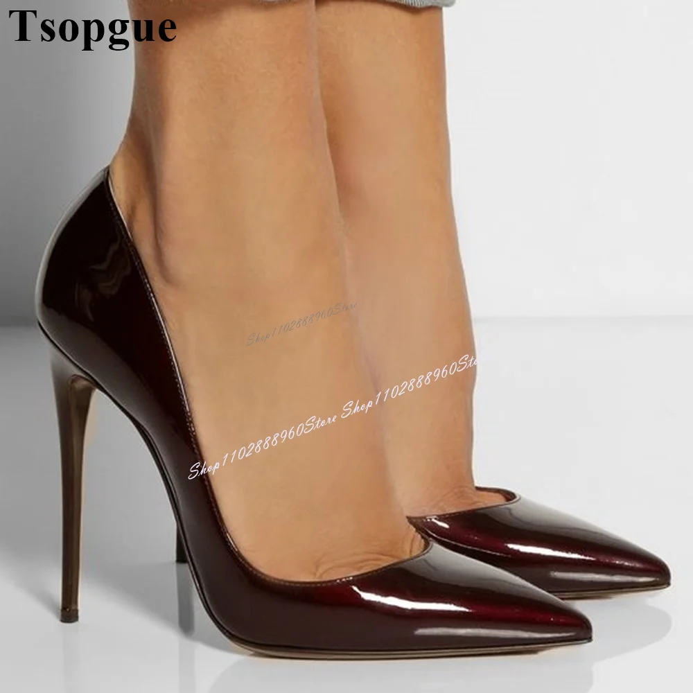 Sierlijke Bordeauxrode Lakleer Ondiepe Pumps Stiletto 'S Hoge Hak Damesschoenen Slip-On Puntige Teen 2024 Sexy Zapatos Para Mujere