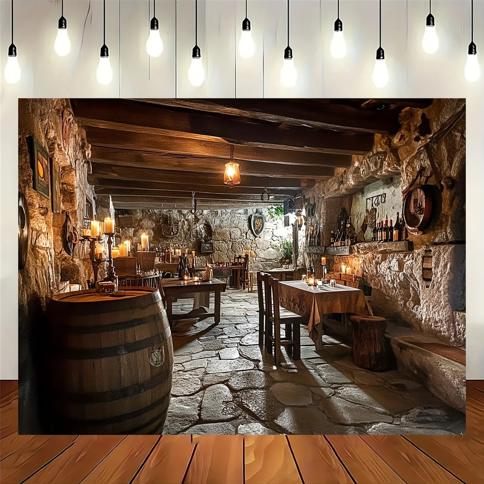 1PC Hotel Background Photography - Polyester stone wall and wooden ceiling theme photography background party