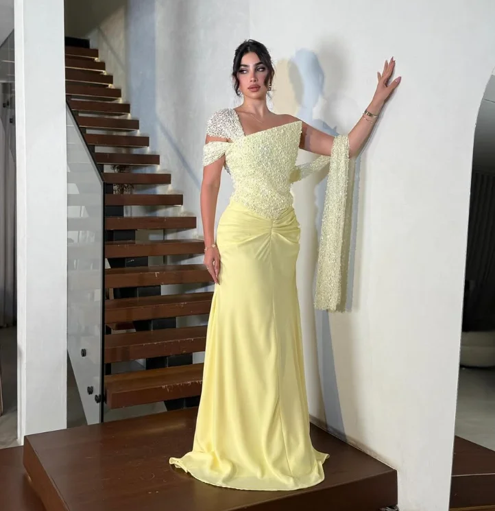 Customized High Quality Sleeveless Floor Length Zipper One Shoulder Yellow Beaded Wrinkle Women Sequin Mini Dress  Kleid Grün