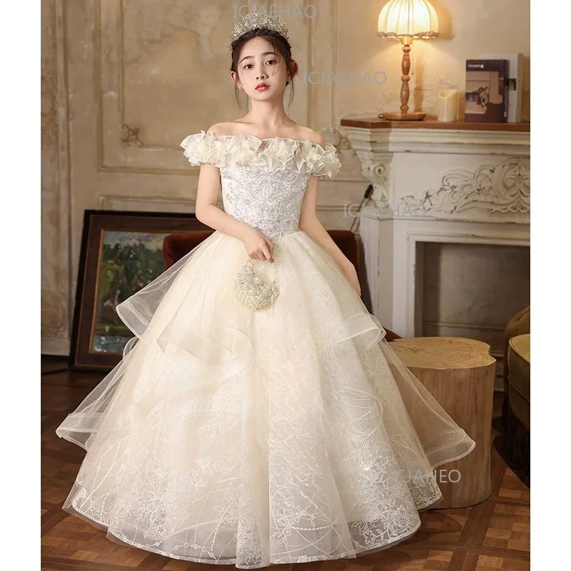 Off Shoulder Girls WeddingDress For Kids Piano Performance  Children Costume Host Gown, Luxury Unique Elegant Princess
