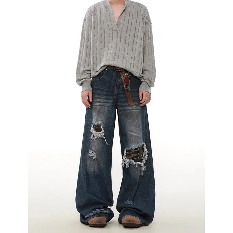 Women's Ripped Blue Gothic Jeans Y2k Retro 2000s Aesthetic Denim Pants Vintage Harajuku High Waist Wide Leg Cowboy Pants Clothes