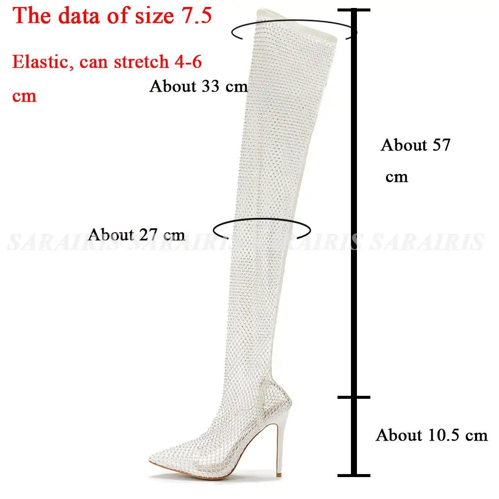 Slip On Bling Sexy Mesh Boots Women Rhinestone Over The Knee Hollow Out Luxury Boots Stiletto Heels Trendy Party Shoes For Women