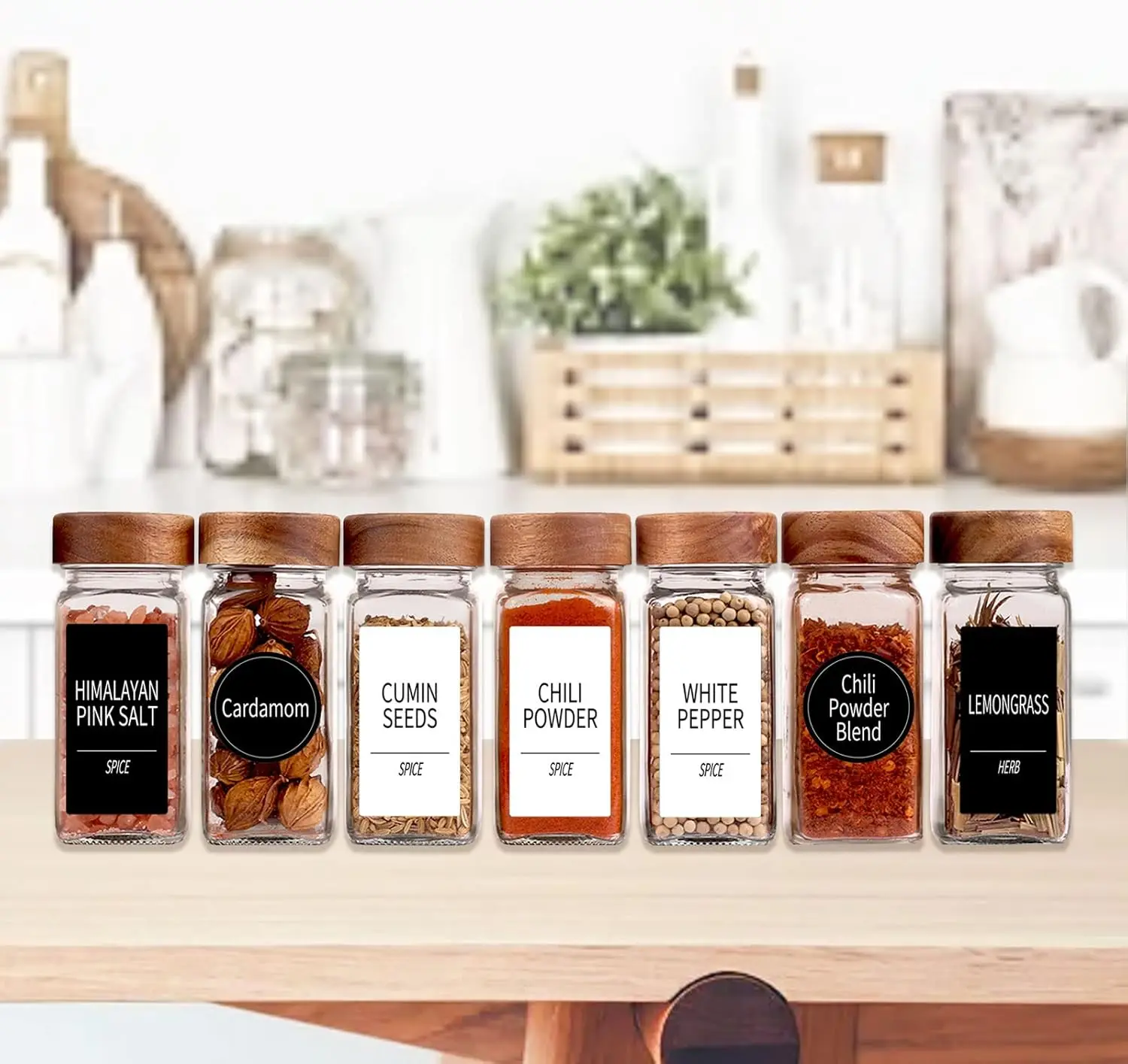 36 Glass Spice Jars with 547 Labels with Shaker Lids - 4 Oz Square Spice Containers with Acacia Wood Lids, Chalk Pen