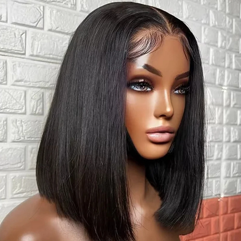 

Pre Plucked Straight Short Bob 4x4 Lace Front Human Hair Wig 13x4 Transparent Lace Frontal Bone Straight Bob Wigs For Women 14in