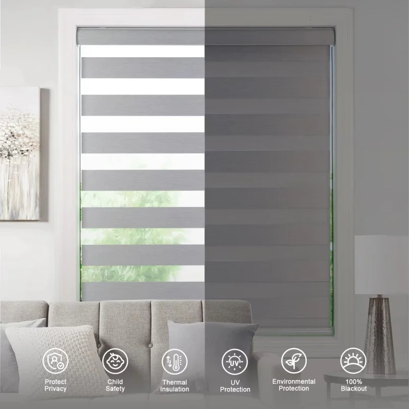 new design high quality easy installing cordless day and night blackout dual layer spring system control zebra blind for bedroom