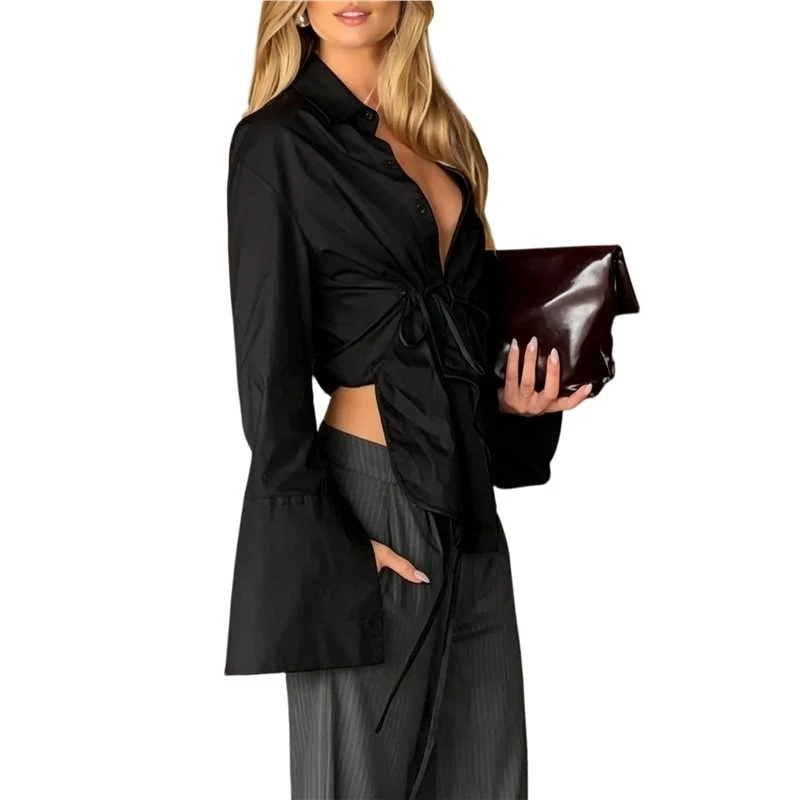 Women Lapel Collar Button Drawstring Ruched Waist Irregular Asymmetric Hem Long Sleeve Blouse