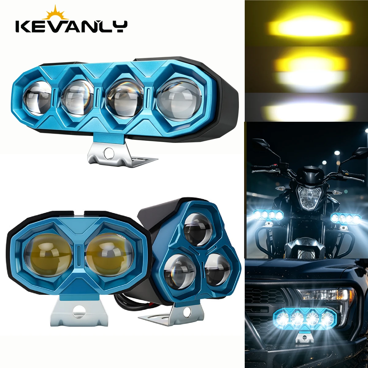 2pcs Motorcycle LED 2/3/4 Lens Spotlight Dual Color Hi/Low Beam Headlight Auxiliary Fog Light Moto Driving Work Lamp 8-80V