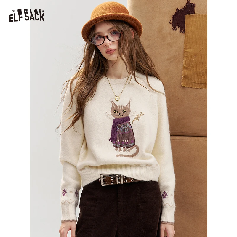 ELFSACK Women's Casual Knit Sweater with Cartoon Cat Print, Long Sleeve Cozy Pullover Top for Daily Wear