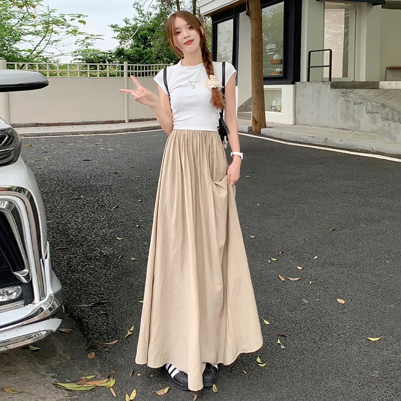 

New Arrival Thin Pleated Skirt Women Korean Fashion Half Body Apricot Womens Clothing High Waisted Long Skirts