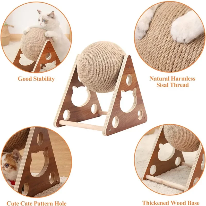 

Cat Scratcher Ball Natural Sisal Rope Rotatable Ball Toy Solid Wood Wear-resistant Kitten Toy Indoor Interactive Pet Supplies