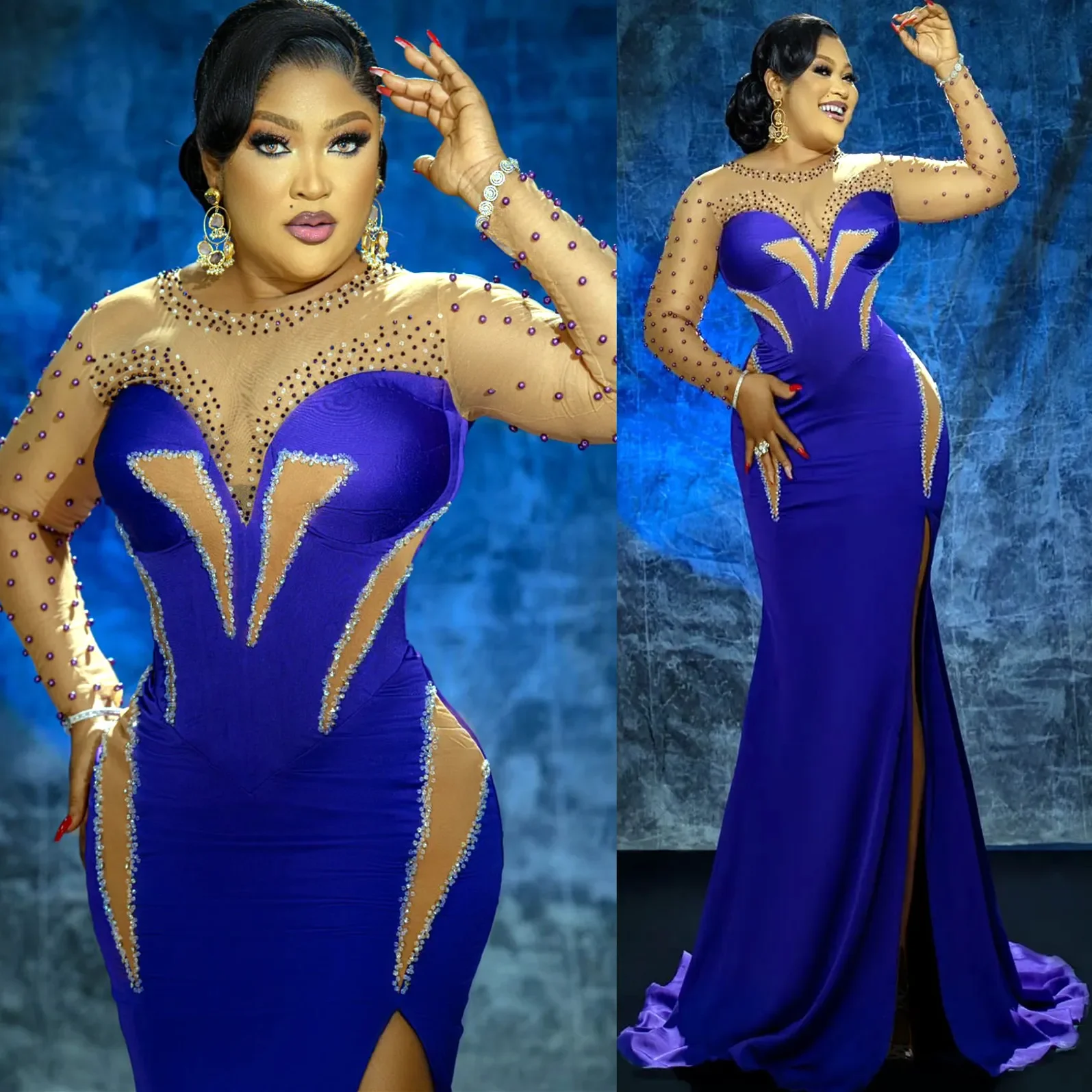 

Exquisite Royal Blue Illusion Mermaid Prom Dress Satin Promdress Beaded Evening Formal Party Second Reception Birthday Engagemen