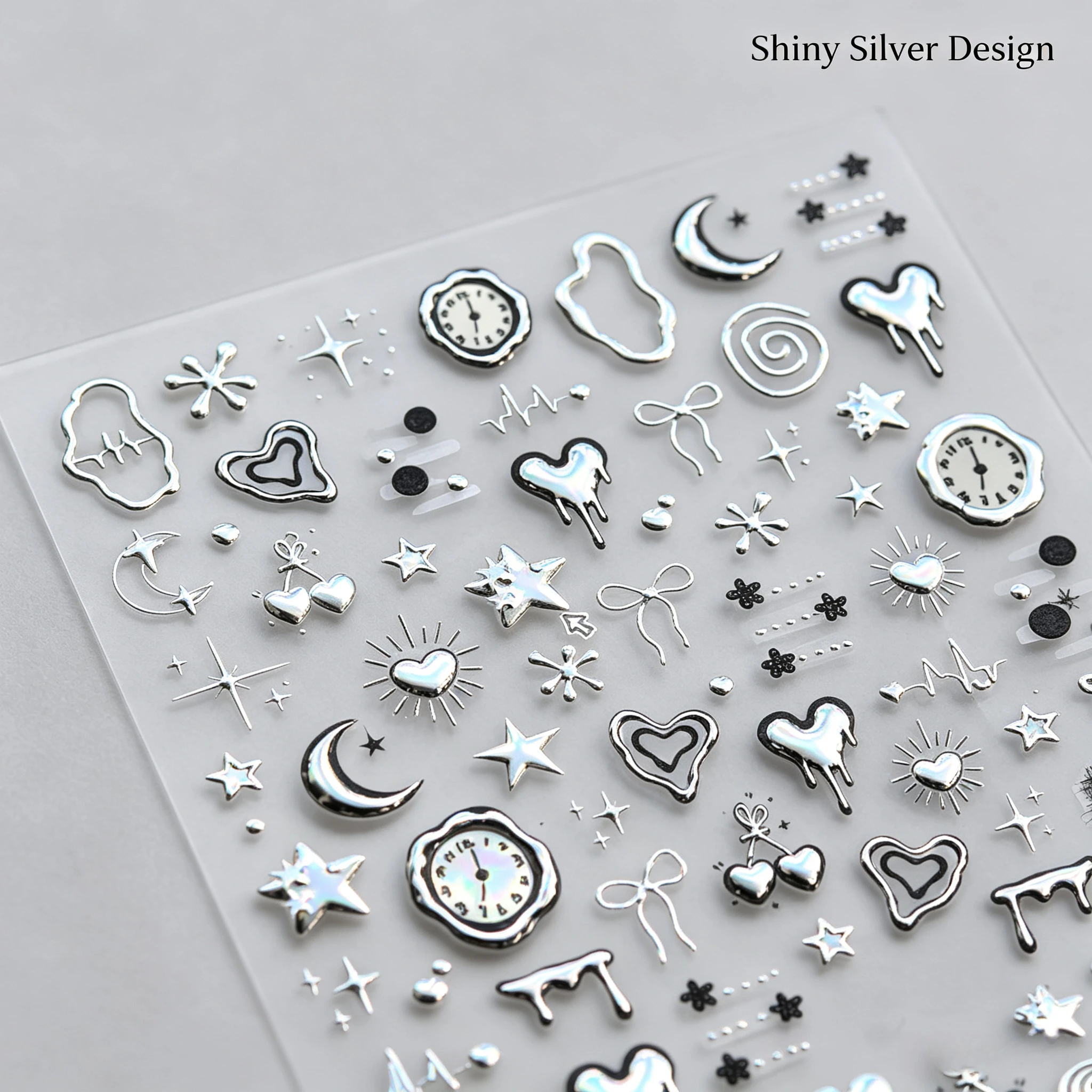 3D Metallic Silver Black Gothic Melting Heart Clock Moon Star Nail Stickers Self‑Adhesive Nail Art Decals for DIY Manicure
