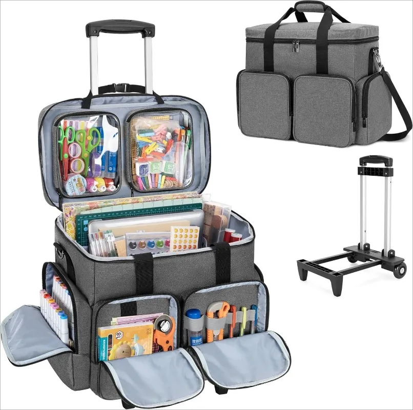 

Rolling Scrapbook Tote on Wheels, Scrapbook Storage Bag with Detachable Trolley and Bottom Wooden Board, Rolling Craft Ba