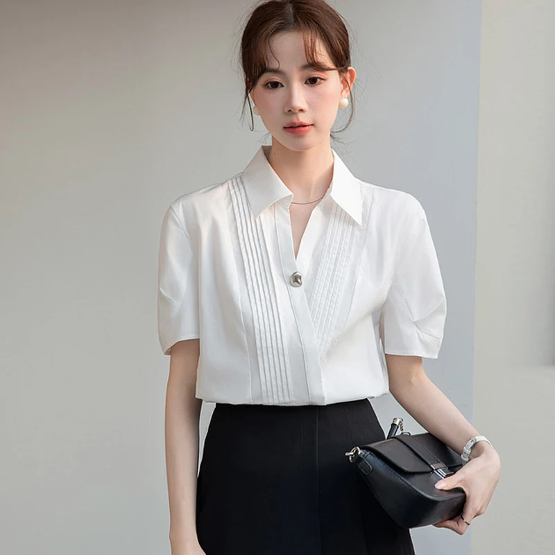 

Women Shirts Summer Solid Color Short Sleeve Ladies Tops Casual Folds V-Neck White Blouses New 2025 Fashionable Girls Clothes