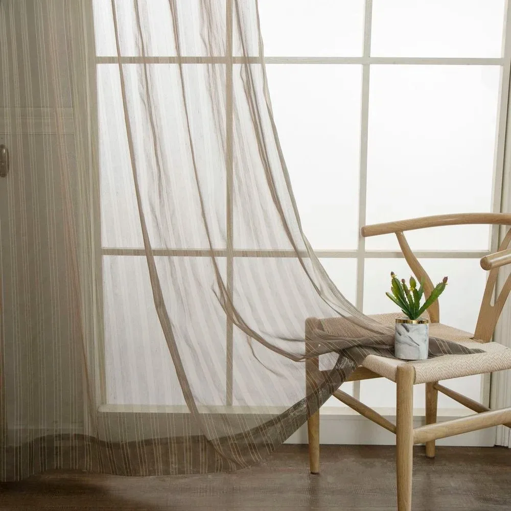 Modern Brown Stripe Tulle Voile Sheer Window Curtain Rod Pocket Grommet for Living Room Bedroom Decor