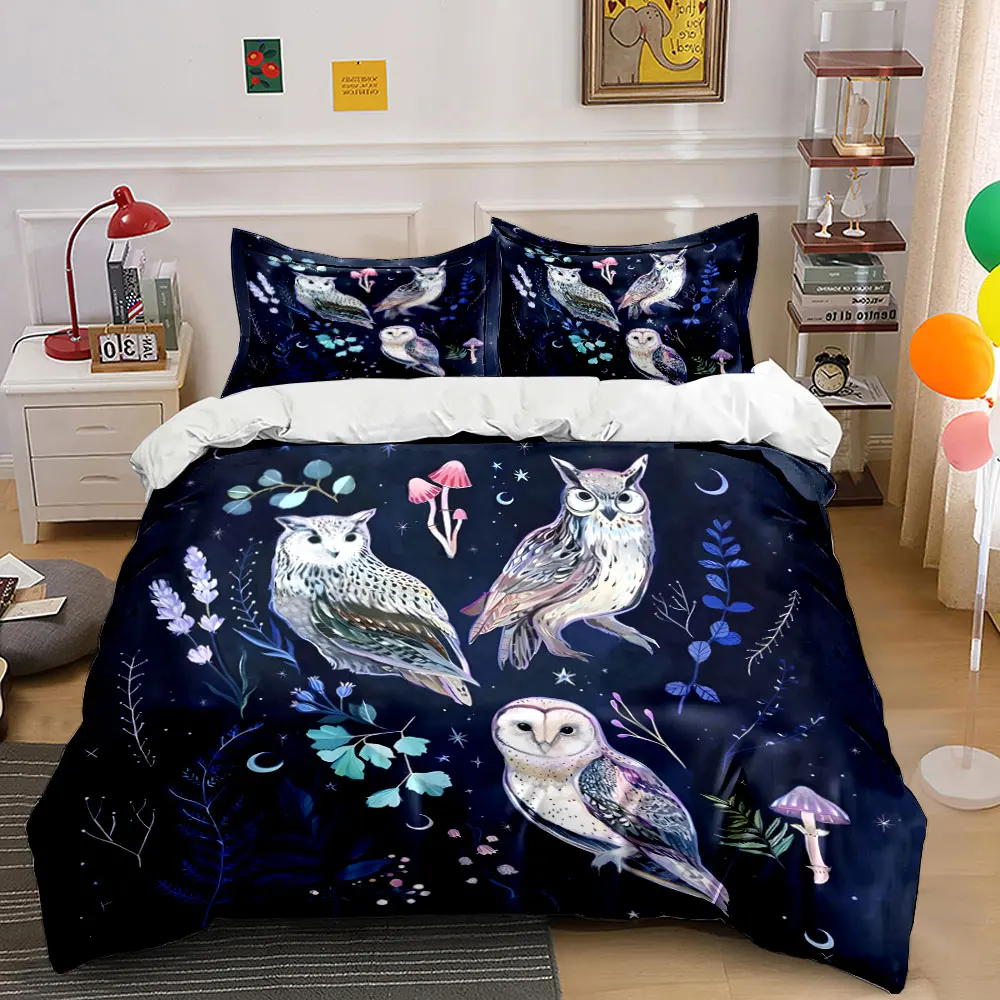 Owls in nature under starry night Pattern Duvet Cover Set Digital Print Colorful Polyester Bedding with Zipper Closur for gifts