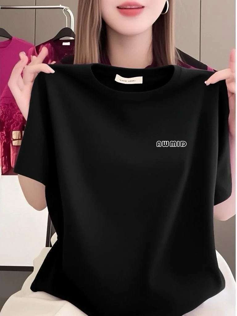 

Женская футболка с круглым вырезом и принтом, свободного кроя, черная, в повседневном стиле, стандартный размер, из полиэфирного волокна