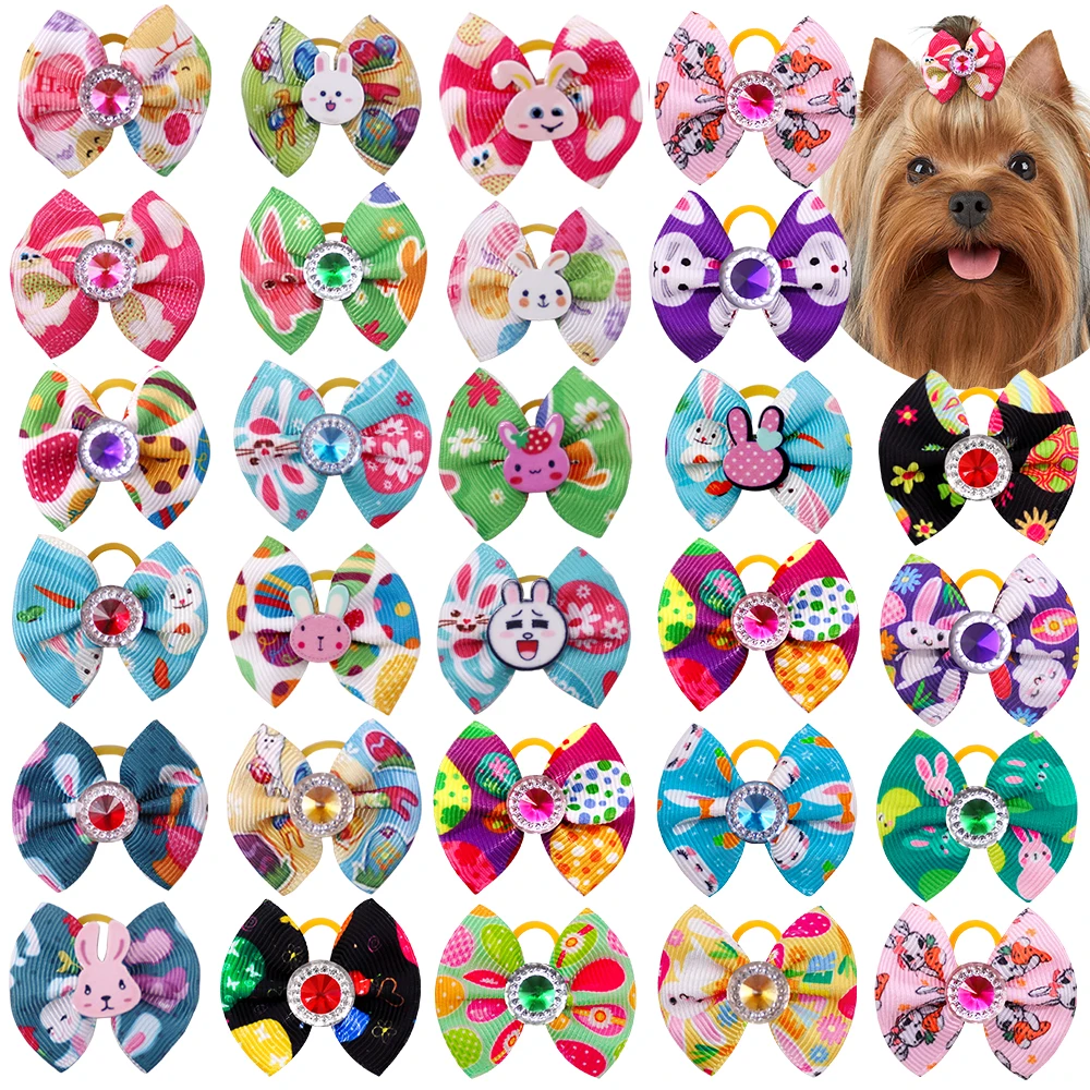 20PCS  Dog Bows Easter Diamond Rabbit For Dog Hair Bows For Dogs Pets Hair Accessories Rubber Bands Dog Grooming Accessories