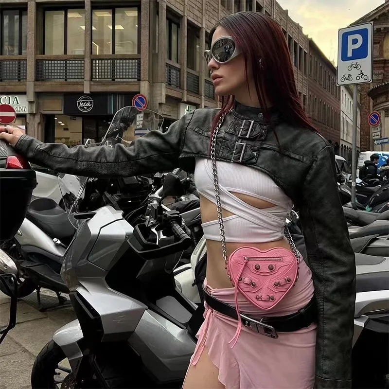 جاكيت نسائي أنيق من الجلد الصناعي المغسول بأكمام طويلة وتصميم عتيق يكشف الخصر من جاديد لندن #5