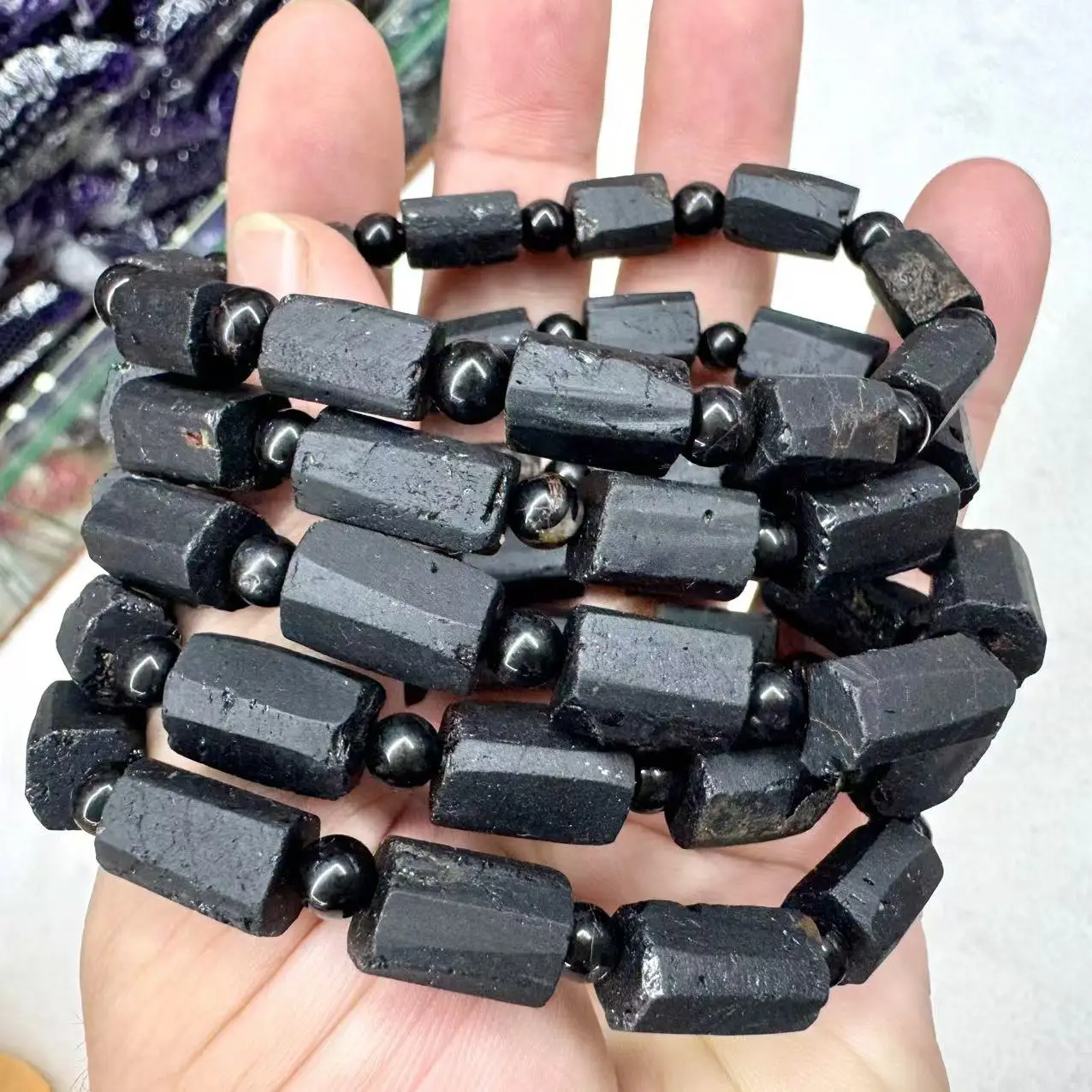 Column Natural Black Tourmaline Stone Beads Bracelet Natural Gemstone Jewelry For Women Wholesale