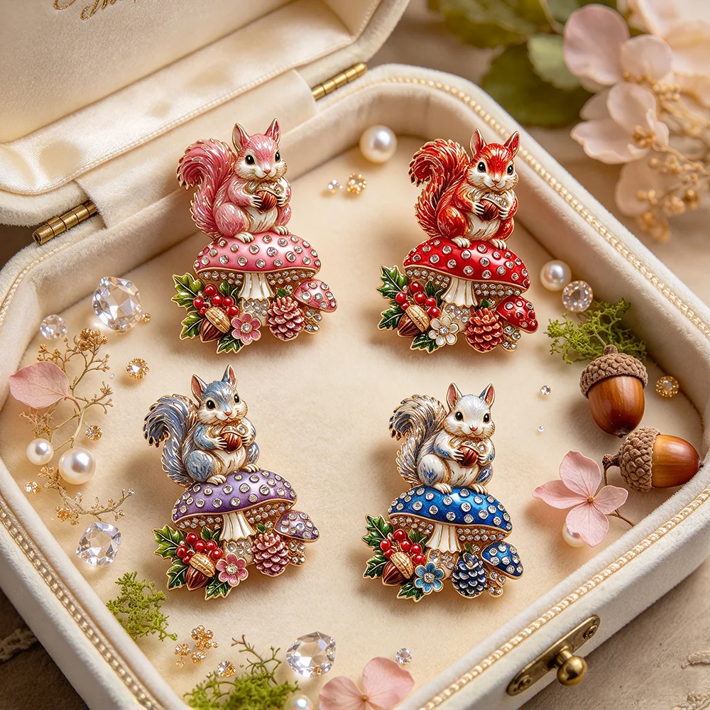 Squirrel Mushroom Enamel Brooch, Rhinestone Cute Animal Pin, Forest Acorn Lapel Pin Jewelry Gift for Women Clothing Decoration view 5
