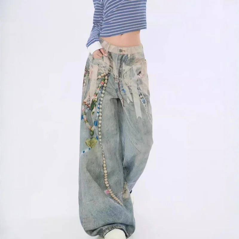 Spodnie jeansowe damskie w stylu Cyber Y2K z 2025 roku, drukowane w 3D, vintage, niebieskie, szerokie, proste, dżinsowe spodnie damskie, pantalon femme