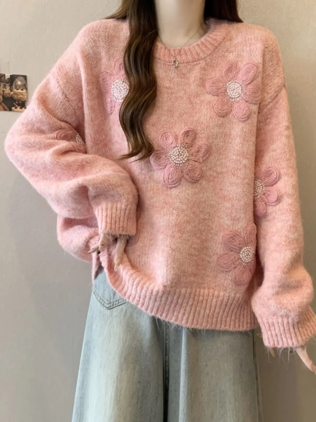 

Lazy Wind Heavy Industry Handmade Flower Embroidery Knitted Sweater Women's Autumn Winter Large Size Fashion Look Thin Top Thick